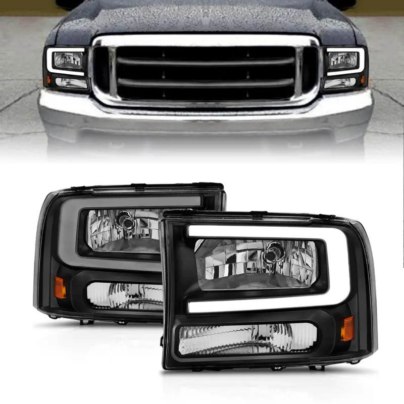 Anzo 99-04 Ford F250/F350/F450/Excursion (Excl. 99) Crystal Headlights - W/ Light Bar Black Housing 1