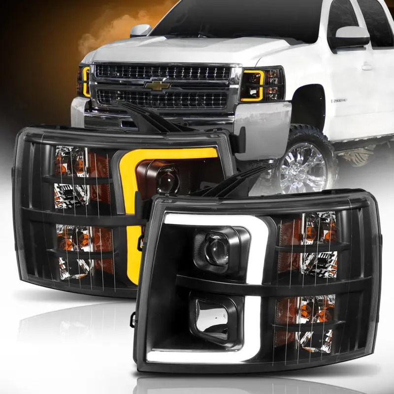 Anzo 07-13 Chevrolet Silverado 1500 Plank Style Projector Headlights Black W/ Amber 1