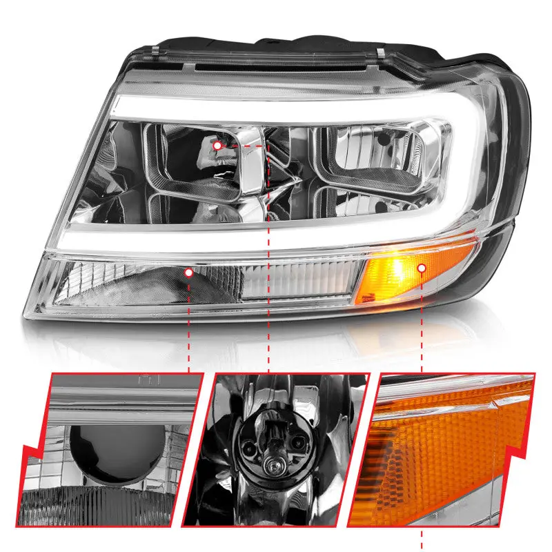 Anzo 1999-2004 Jeep Grand Cherokee Crystal Headlights W/ Light Bar Chrome Housing 2