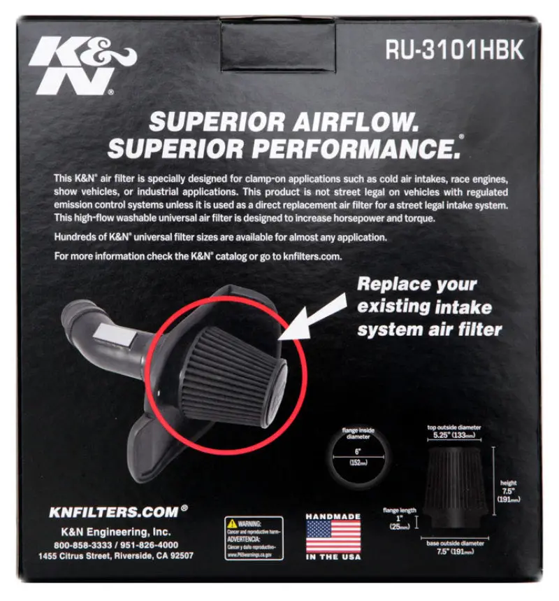 K&N Universal Rubber Filter Round Tapered 6In Flange Id X 7.5In Base Od X 5.25In Top Od X 8In Height 2