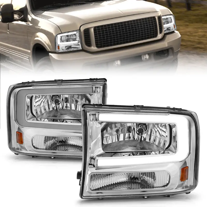Anzo 99-04 Ford F250/F350/F450/Excursion (Excl. 99) Crystal Headlights - W/ Light Bar Chrome Housing 1