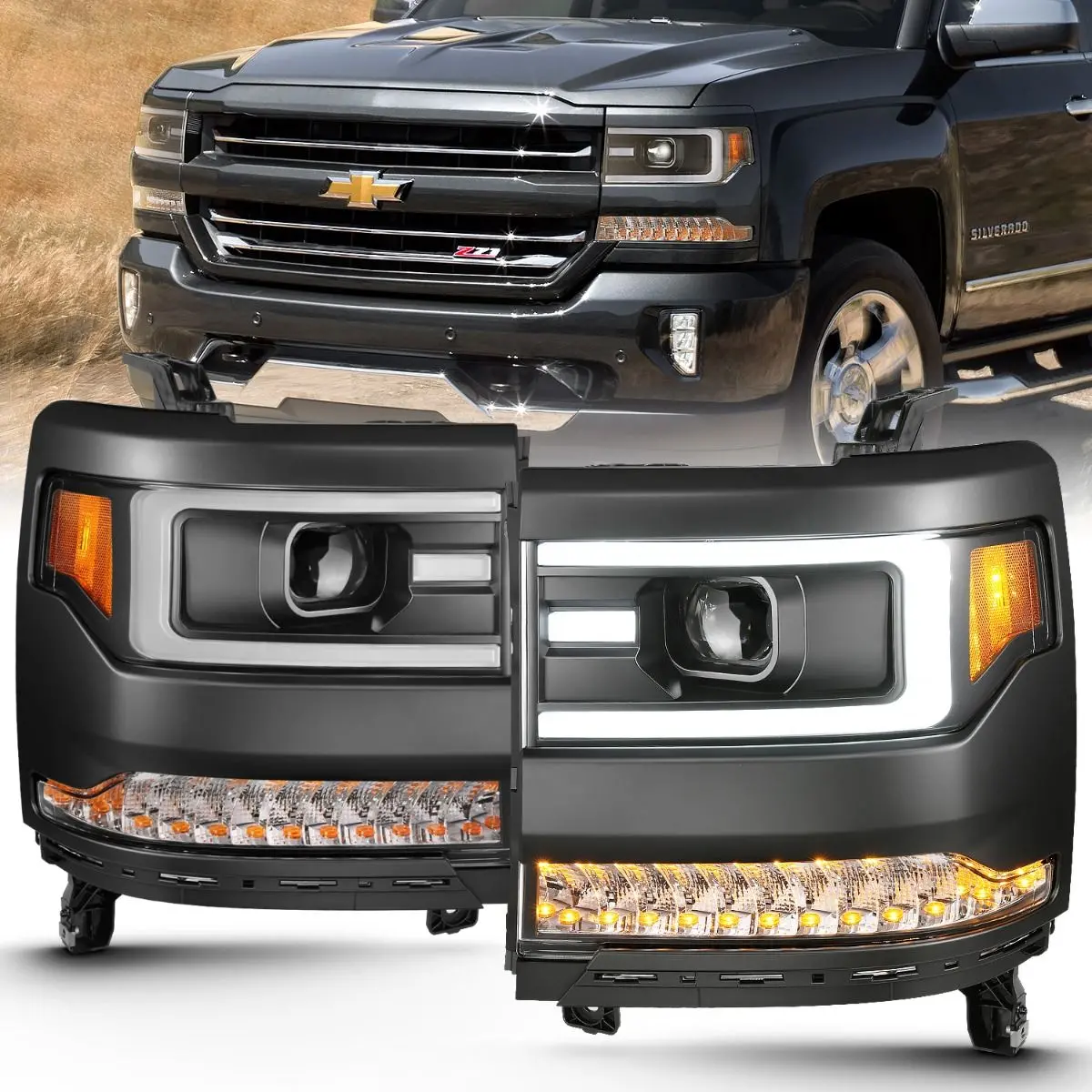 Anzo 16-18 Chevy Silverado 1500 Projector Headlights Plank Style Black W/Amber/Sequential Turn Signal 1