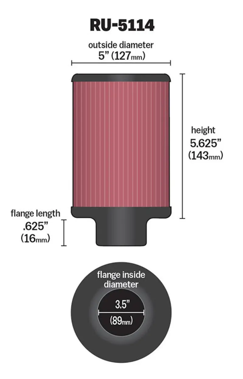 K&N Filter Universal Rubber Filter 3.5In Flange Id X 5In Od X 5.625In H 1