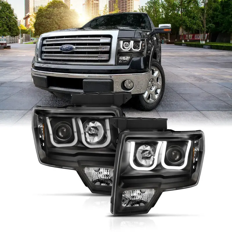 Anzo 2009-2014 Ford F-150 Projector Headlights W/ U-Bar Switchback Black W/ Amber 1