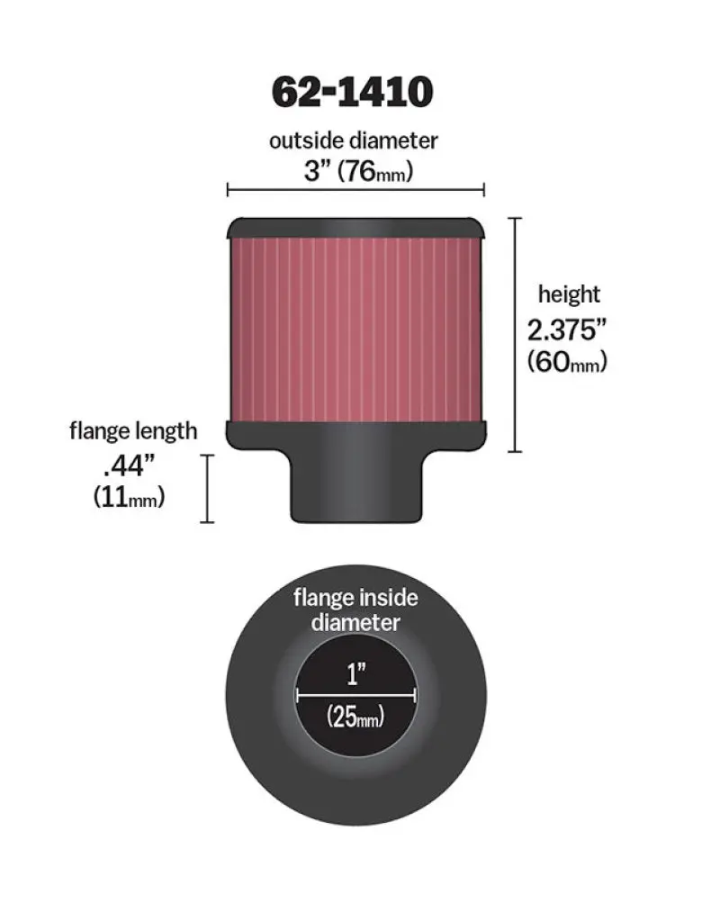 K&N 1 Inch Id 3 Inch Od 2.375 Inch H Rubber Base Crankcase Vent Filter 1
