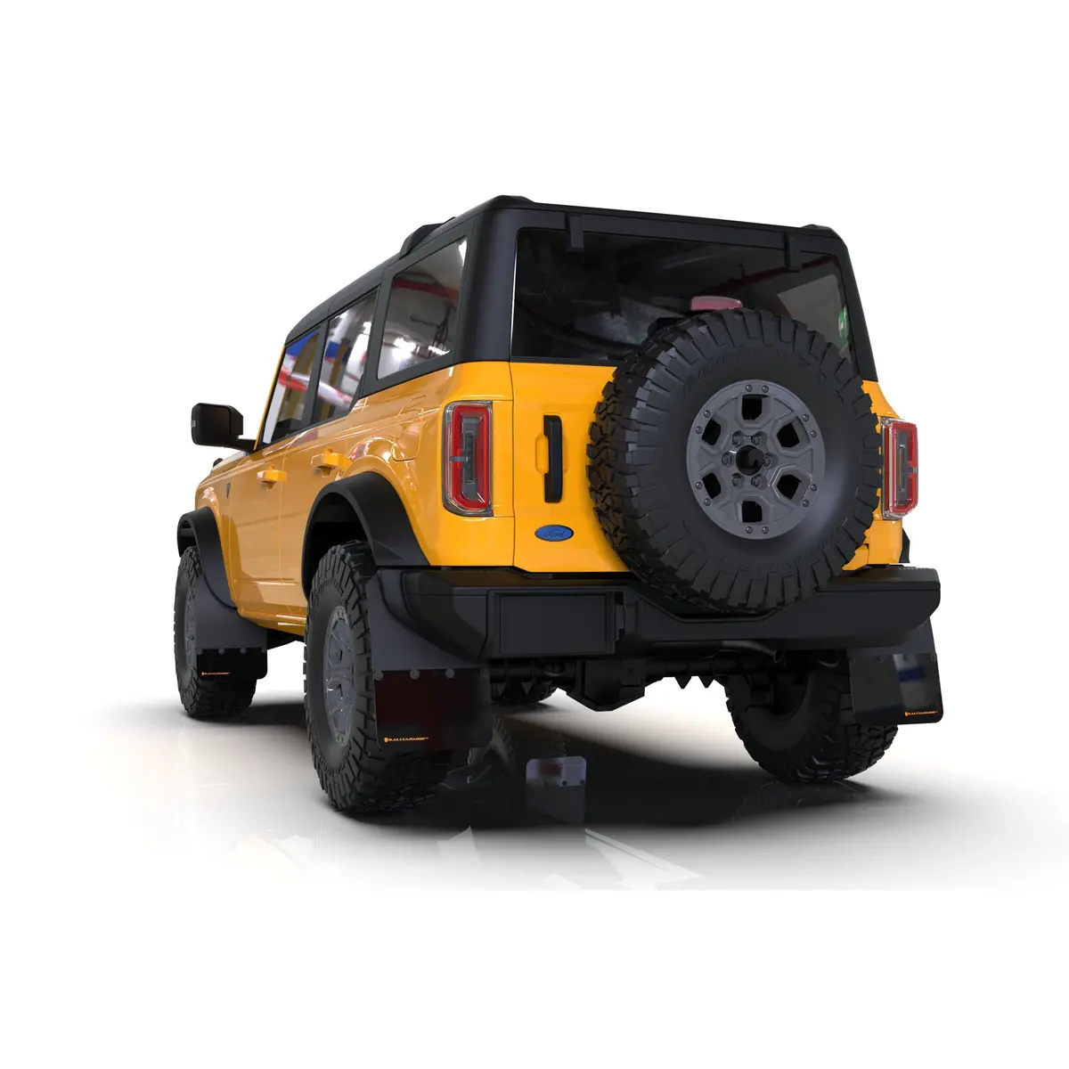 21+ Ford Bronco Mud Flaps (Steel Bmpr - No Rptr/Sprt - No Rr/Rb) Blk W/Cy Orange Logo 2