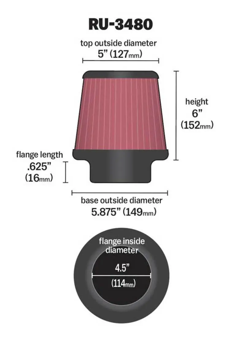 K&N Universal Rubber Filter 4 1/2 Inch Flg / 5 7/8 Inch Base / 5 Inch Top / 6 Inch Height 1
