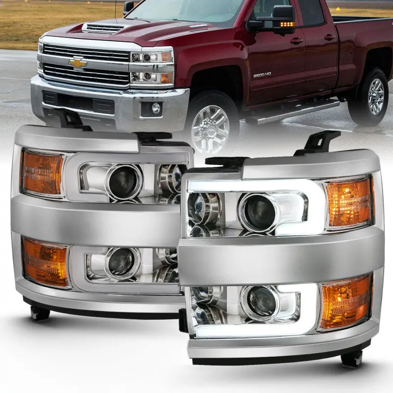 Anzo 2015-2016 Chevrolet Silverado Projector Headlights W/ Plank Style Design Chrome W/ Amber 1