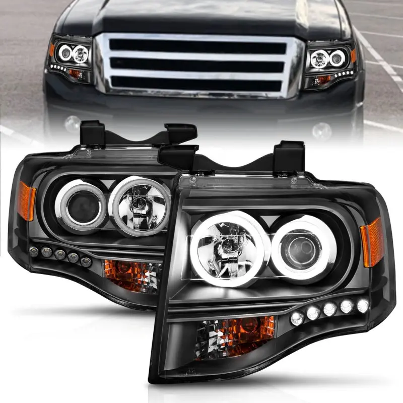 Anzo 2007-2014 Ford Expedition Projector Headlights W/ Halo Black 2