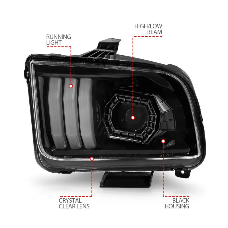 Anzo 05-09 Ford Mustang (W/Factory Halogen Hl Only) Projector Headlights W/Light Bar Black Housing 2