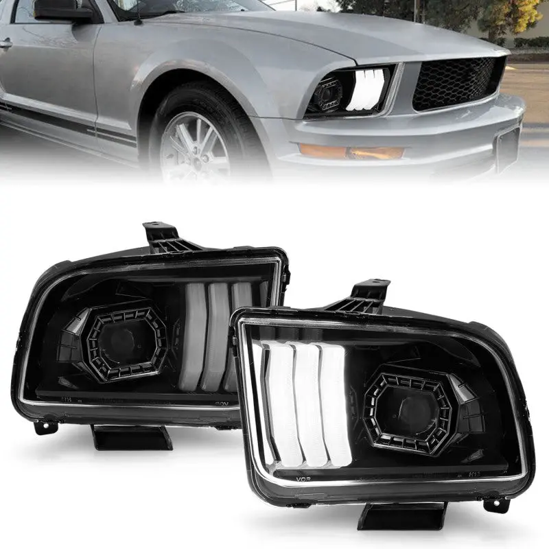 Anzo 05-09 Ford Mustang (W/Factory Halogen Hl Only) Projector Headlights W/Light Bar Black Housing 1