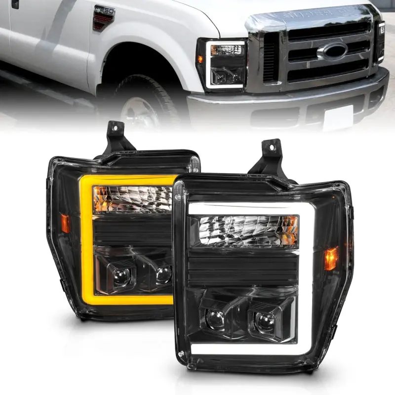 Anzo 08-10 Ford F-250 - F-550 Super Duty Projector Headlights W/ Light Bar Switchback Black Housing 1