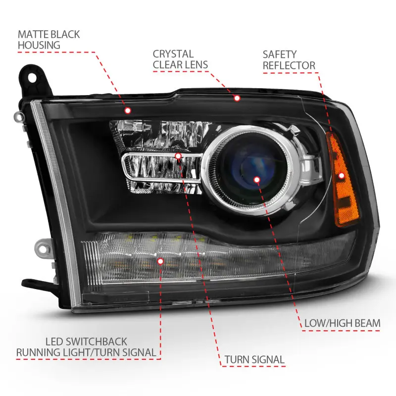 Anzo 2009-2018 Dodge Ram 1500 Projector Headlights Plank Style Halo W/Switchback Matte Black 2