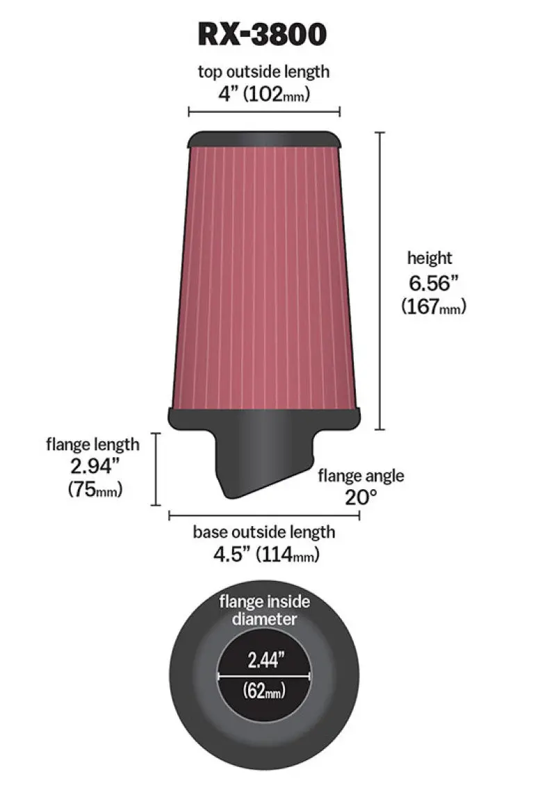 K&N Filter Universal X Stream Clamp-On 2.438In Flange Id X 4.5In Base Od X 4In Top Od X 6.563In H 1