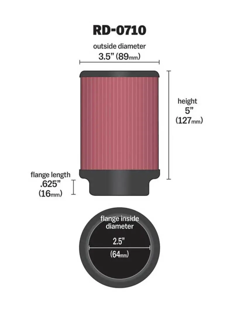 K&N Universal Rubber Filter 2.5In Flange Id X 3.5In Od X 5In Height 1