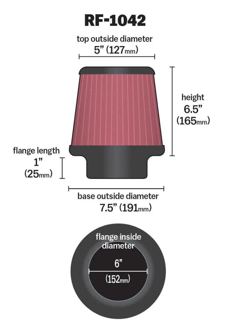 K&N Round Tapered Universal Air Filter 6In Flange Id X 7.5In Base Od X 5In Top Od X 6.5In Height 2