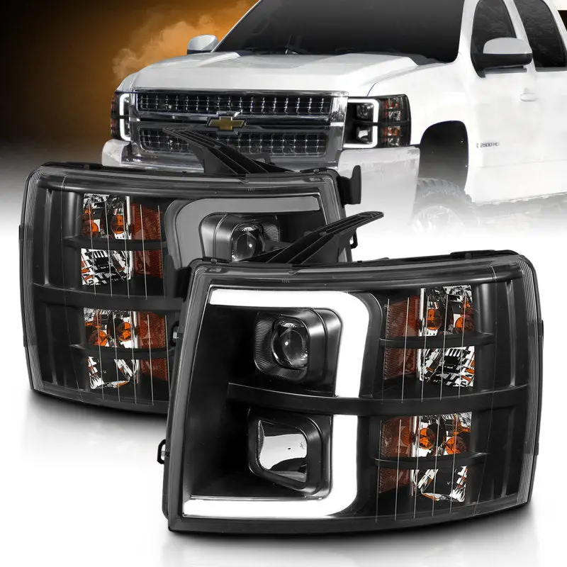 Anzo 07-13 Chevrolet Silverado 1500/2500/3500 Projector Headlights - Black Amber 1