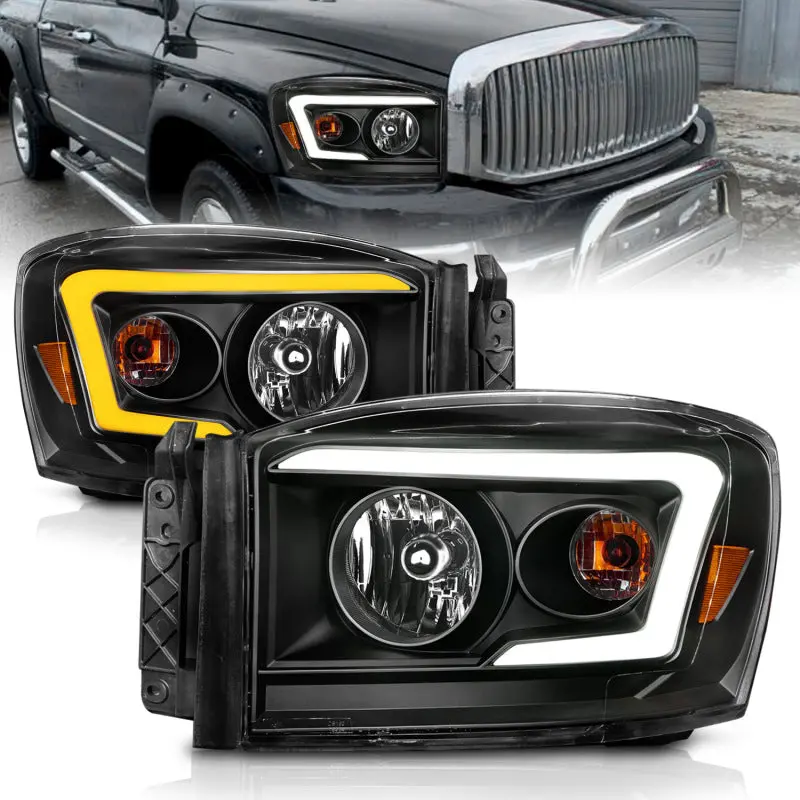 Anzo 06-09 Dodge Ram 1500/2500/3500 Headlights Black Housing/Clear Lens (W/Switchback Light Bars) 1