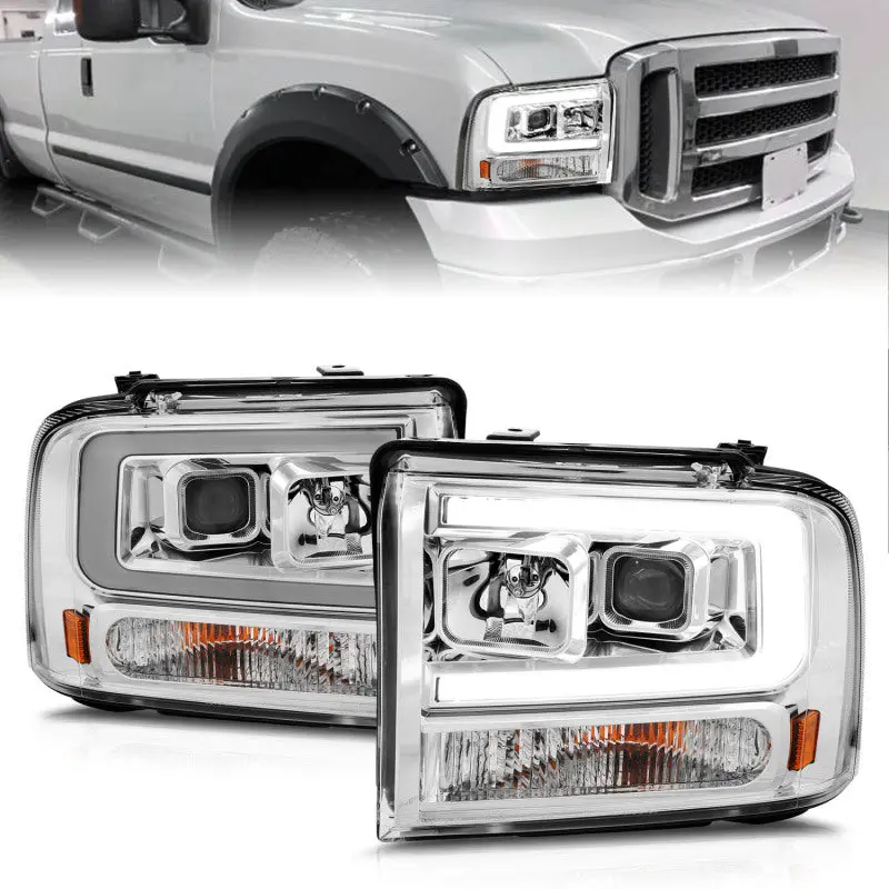 Anzo 99-04 Ford F250/F350/F450/Excursion (Excl 99) Projector Headlights - W/Light Bar Chrome Housing 1
