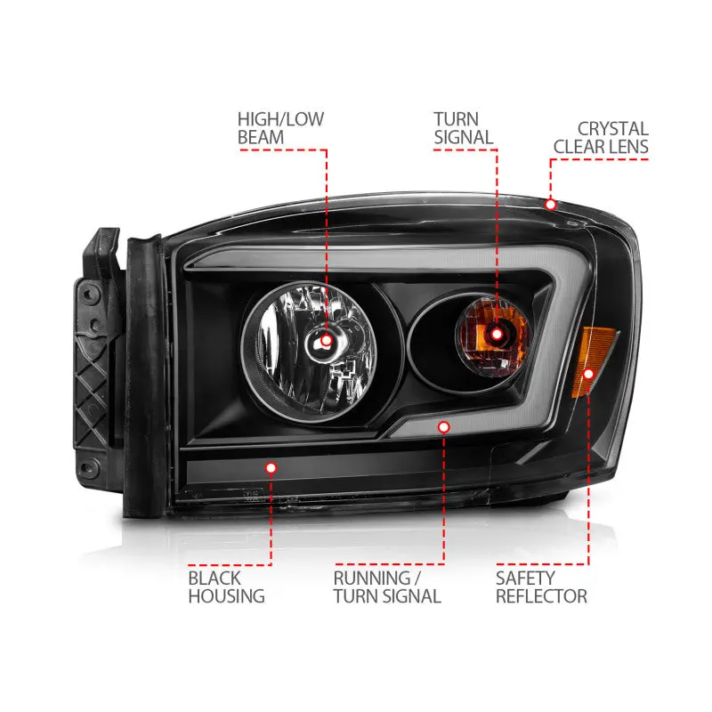 Anzo 06-09 Dodge Ram 1500/2500/3500 Headlights Black Housing/Clear Lens (W/Switchback Light Bars) 2
