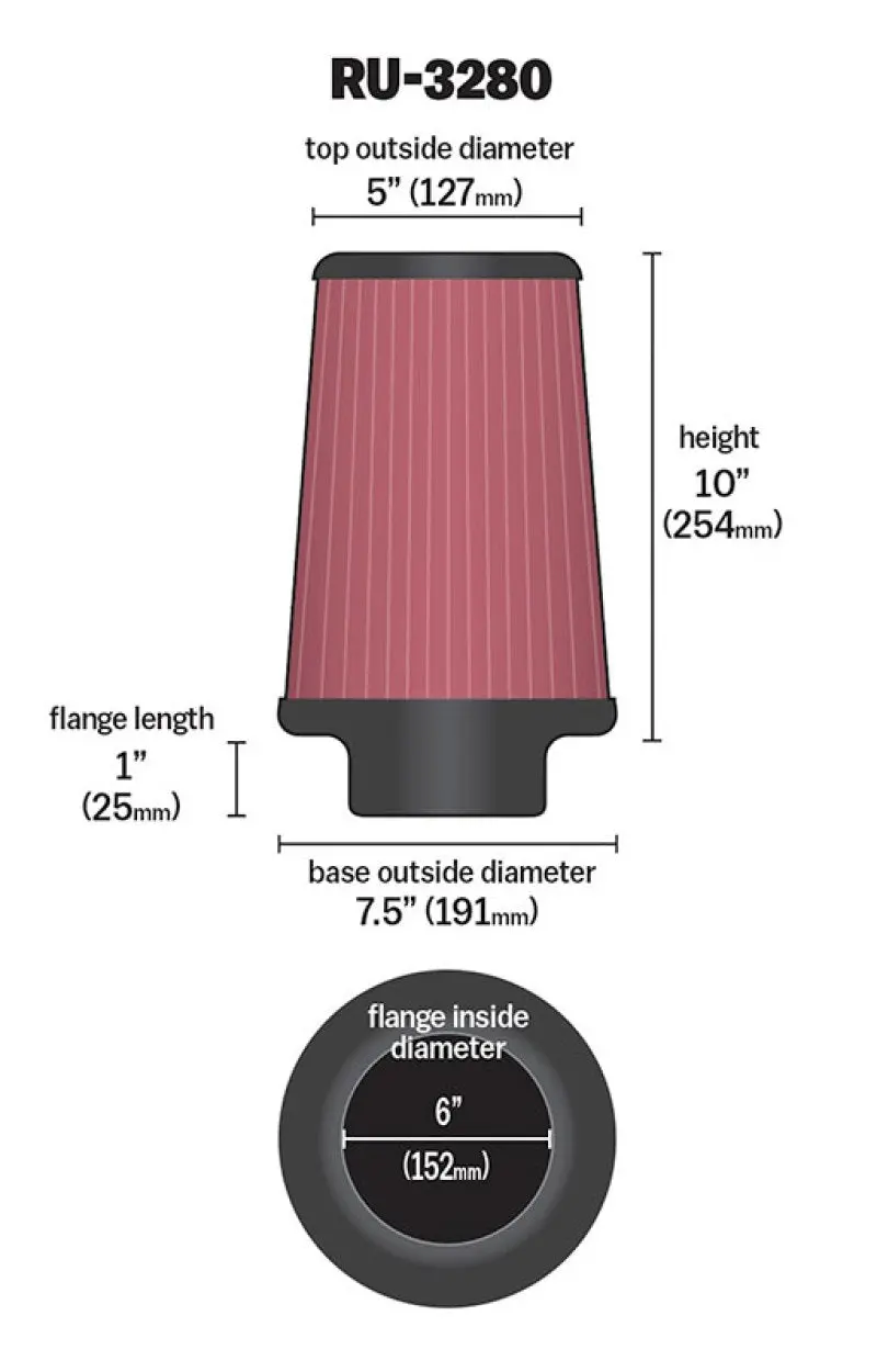 K&N Filter Universal Rubber Filter 6 Inch Flange 7.5 Inch Base 5 Inch Top 10 Inch Height 2