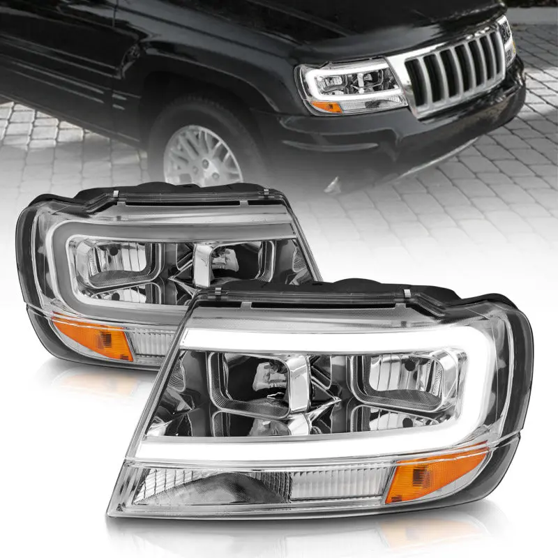 Anzo 1999-2004 Jeep Grand Cherokee Crystal Headlights W/ Light Bar Chrome Housing 1