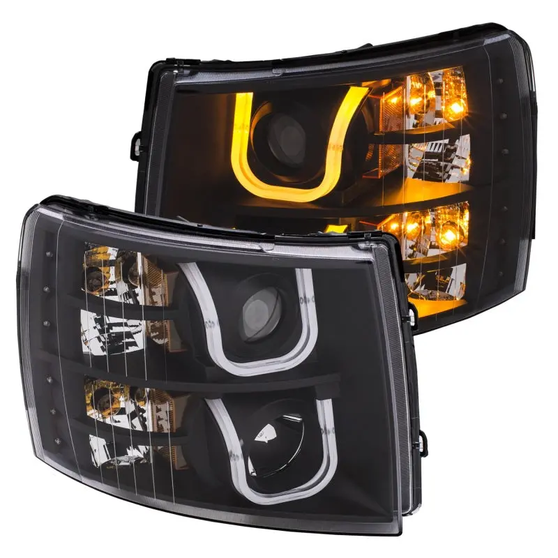 Anzo 2007-2013 Chevrolet Silverado 1500/2500 Projector Headlights W/ U-Bar Switchback Black W/ Amber 1