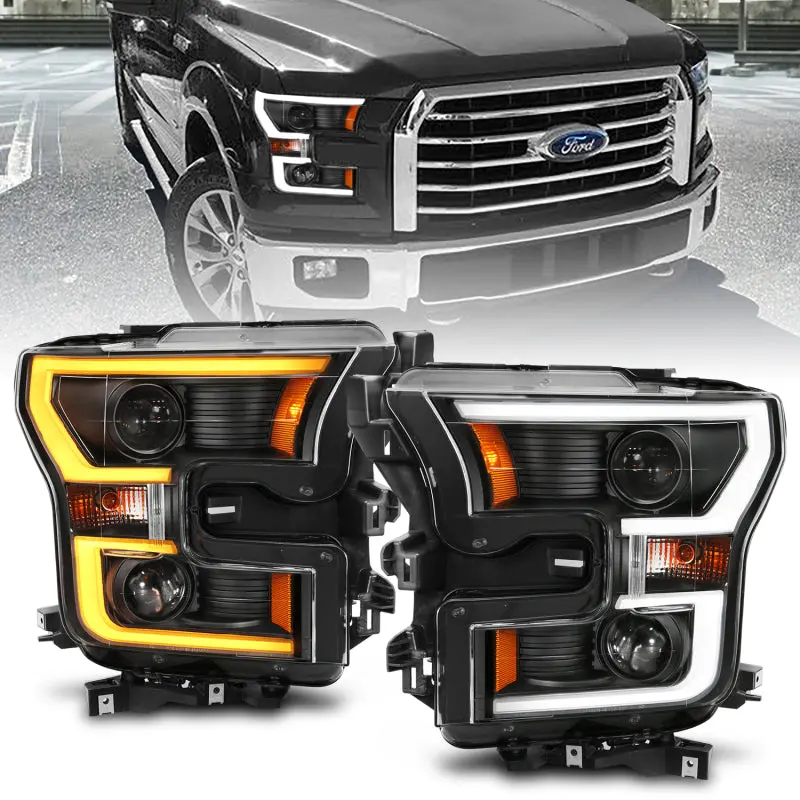 Anzo 2015-2017 Ford F-150 Projector Headlights W/ Plank Style Switchback Black W/ Amber 2