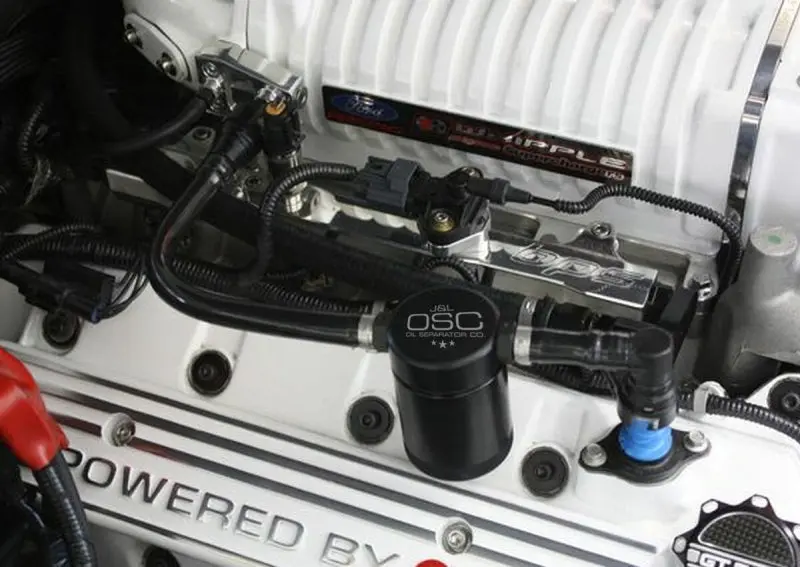 J&L 07-14 Ford Mustang Gt500 Passenger Side Oil Separator 3.0 - Black Anodized 2