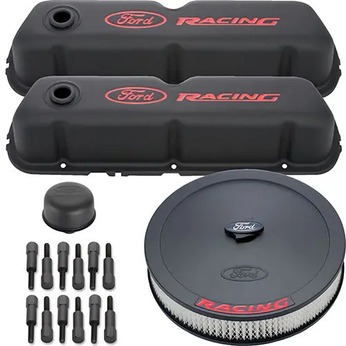 Engine Dress Up Kit Black With Ford Racing Logo - Black Crinkle 1
