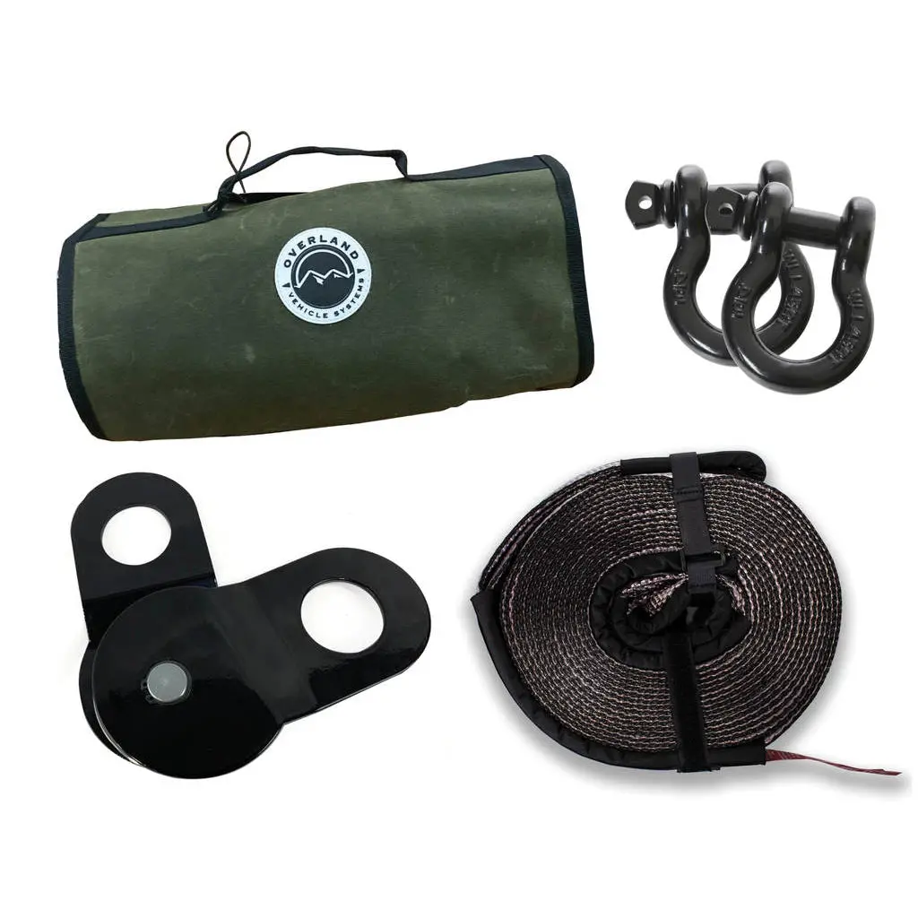 Recovery Wrap Kit Including 20" Tow Strap Pair Of Black D-Rings Snatch Block And Canvas Bag 1