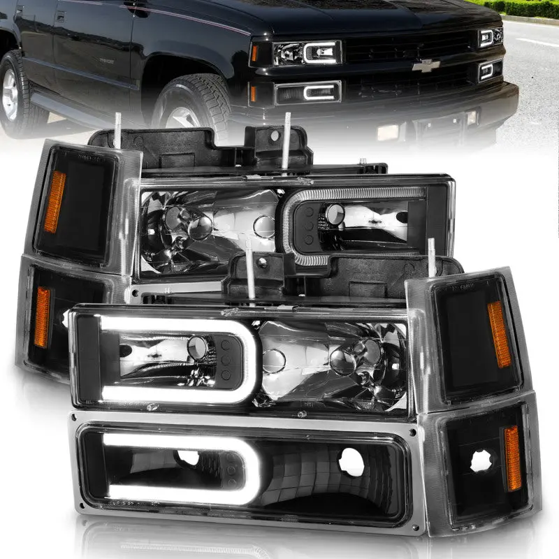 Anzo 88-98 Chevrolet C1500 Crystal Headlights W/ Light Bar Black Housing W/ Signal Side Markers 8Pcs 1
