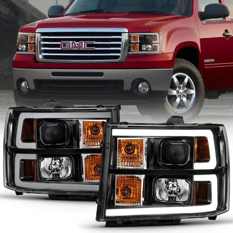 Anzo 2007-2013 Gmc Sierra 1500 Projector Headlight Plank Style Black W/ Clear Lens Amber 1
