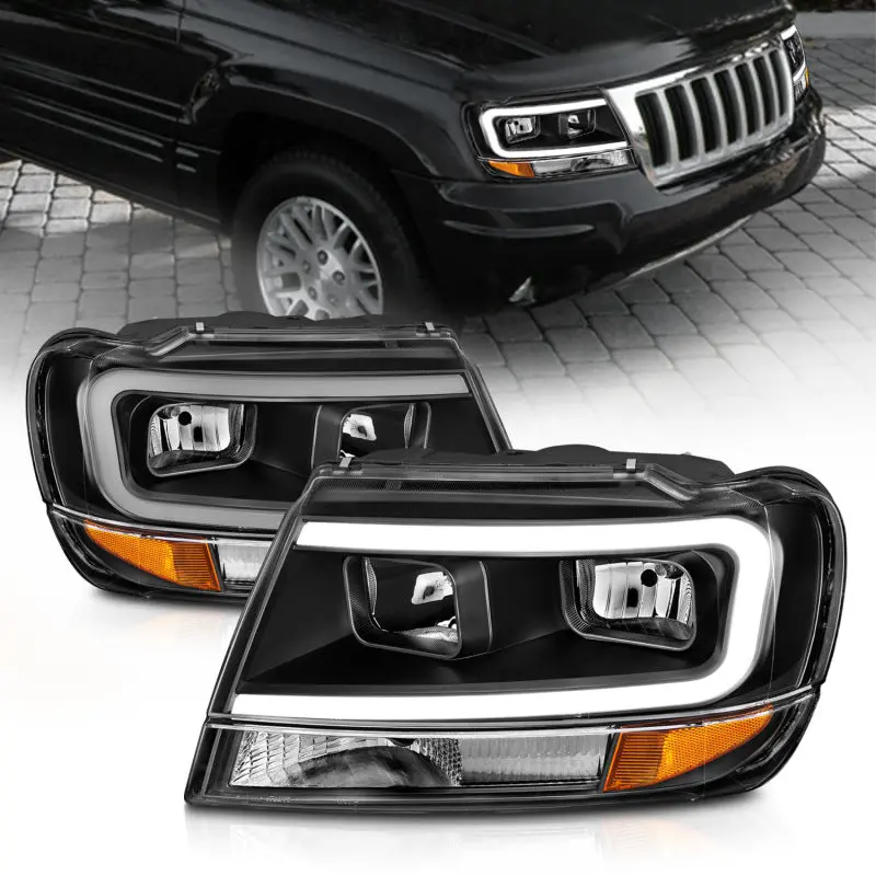 Anzo 99-04 Jeep Grand Cherokee Crystal Headlights - W/ Light Bar Black Housing 1