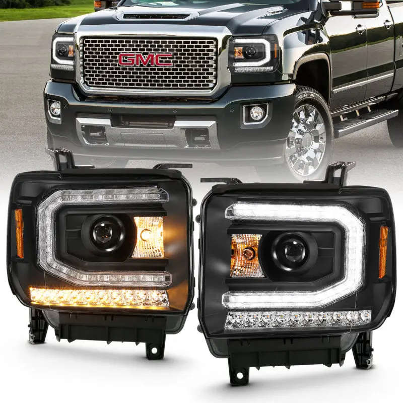 Anzo 2016-2019 Gmc Sierra 1500 Projector Headlight Plank Style Black W/ Sequential Amber Signal 1
